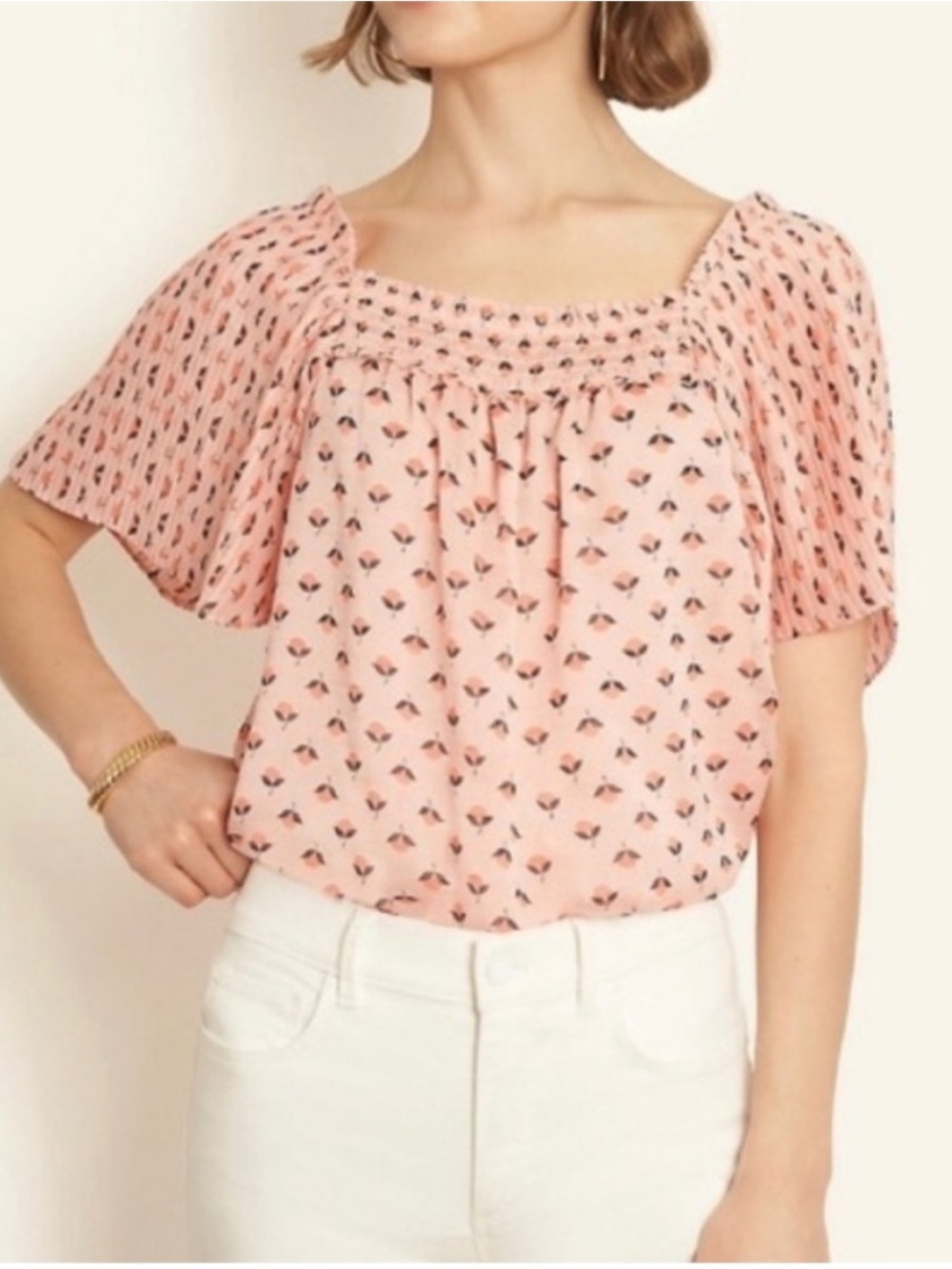 Ann Taylor Floral Square Neck Short Pleated Sleeve Top, Size L